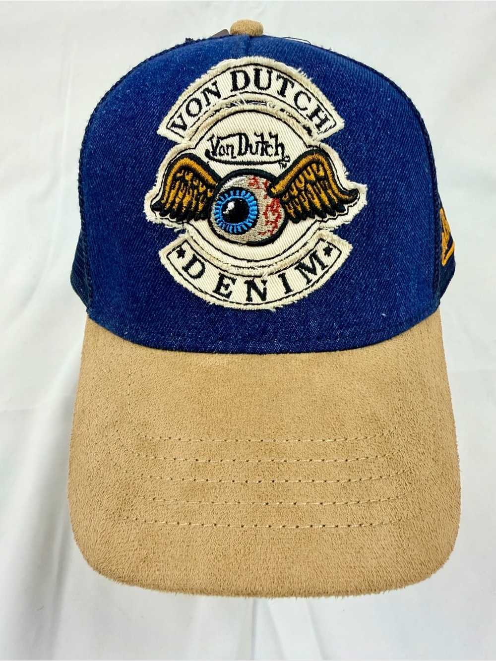 Von Dutch Dark Blue Denim/Khaki Suede Trucker Hat - NWT
